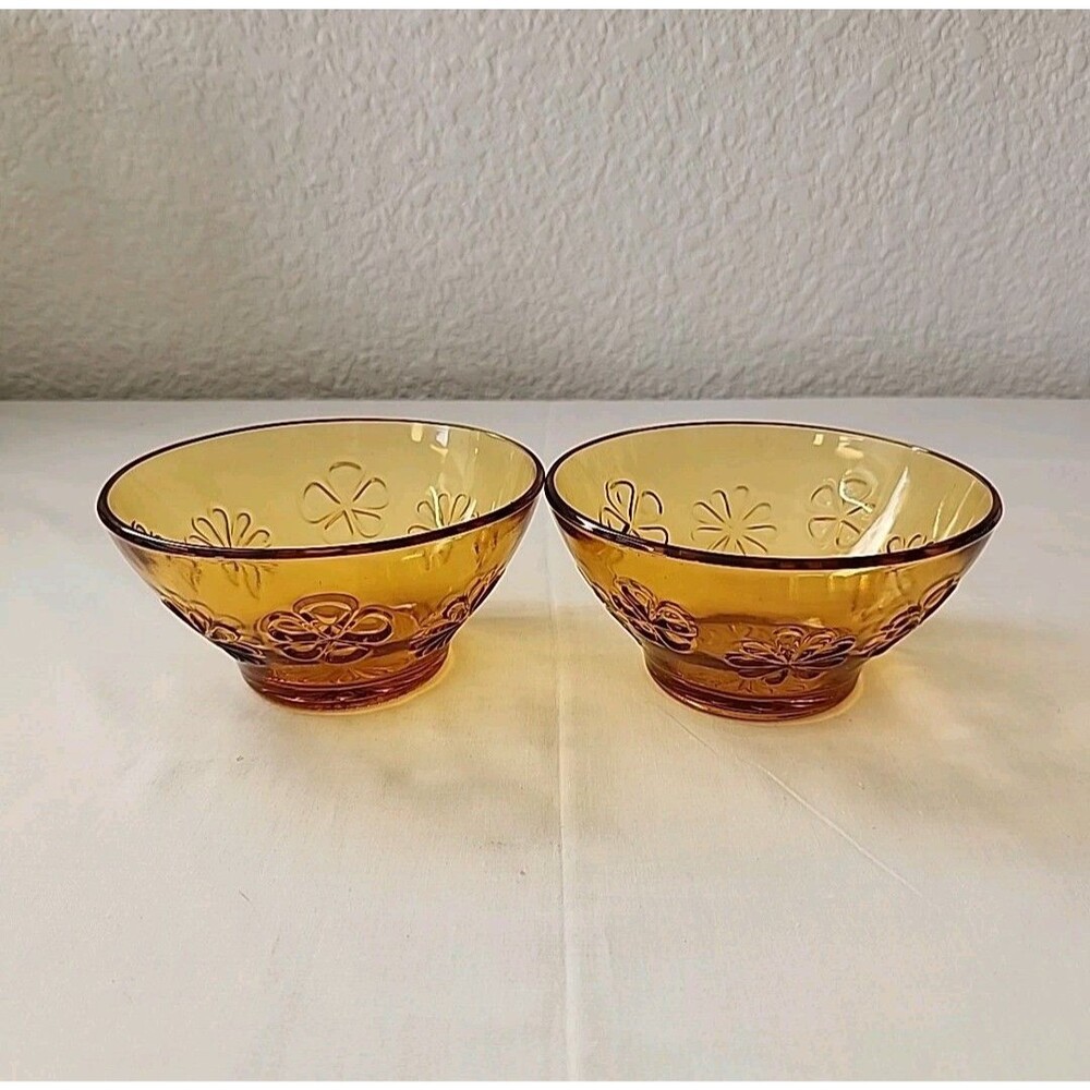 Vintage Vereco France Daisy Amber Glass Cereal Bowls Embossed Flowers 5.25" RARE